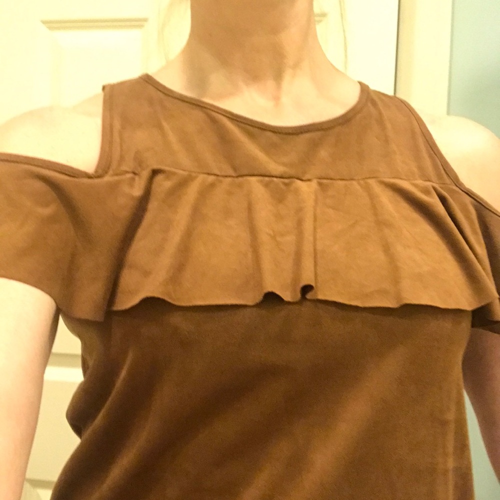 Brown faux suede cut out shoulder top